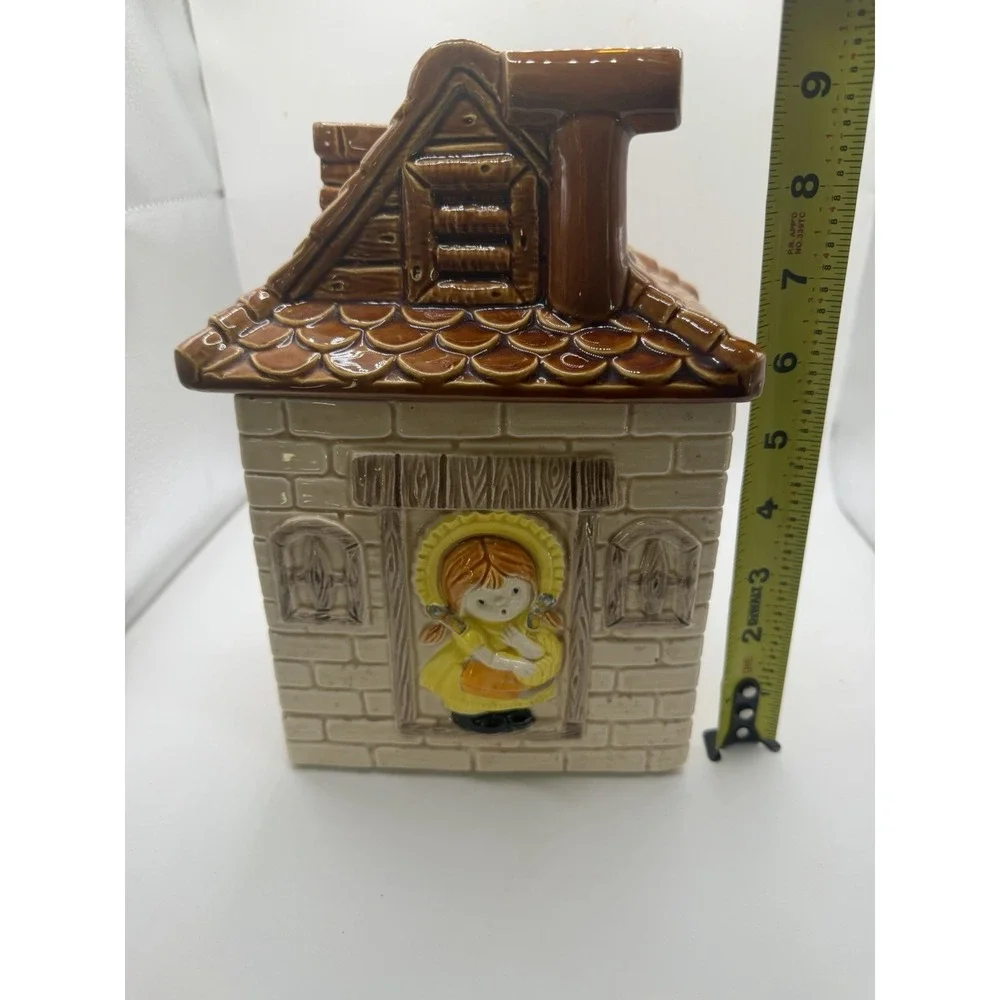 Vintage Japan Ceramic Cottage Cookie Jar Girl Brown Roof House Canister